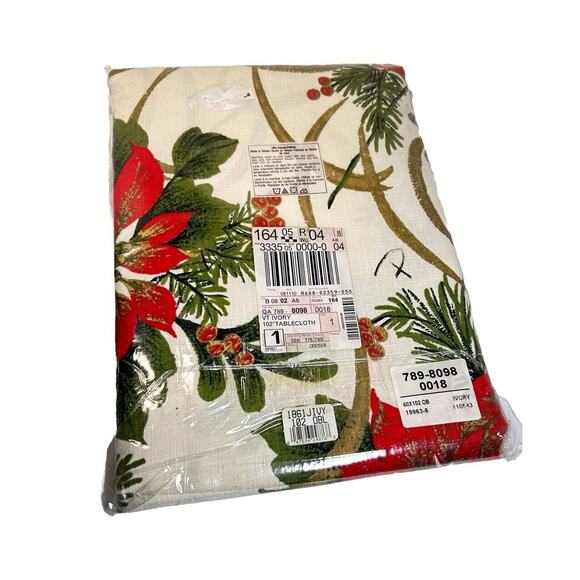 NEW Christmas Tablecloth Ivory Red Green Gold Poinsettia Oblong NOS - Picture 2 of 7